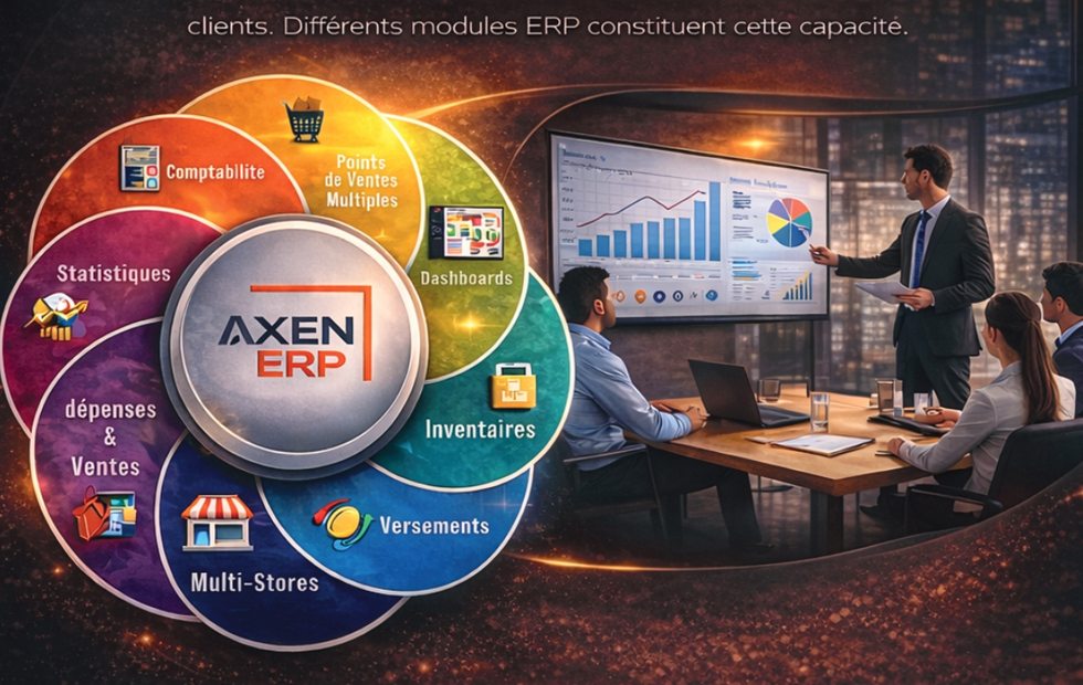 Carte des modules fonctionnels AXEN ERP : comptabilité, tableaux de bord, inventaire, magasins et statistiques