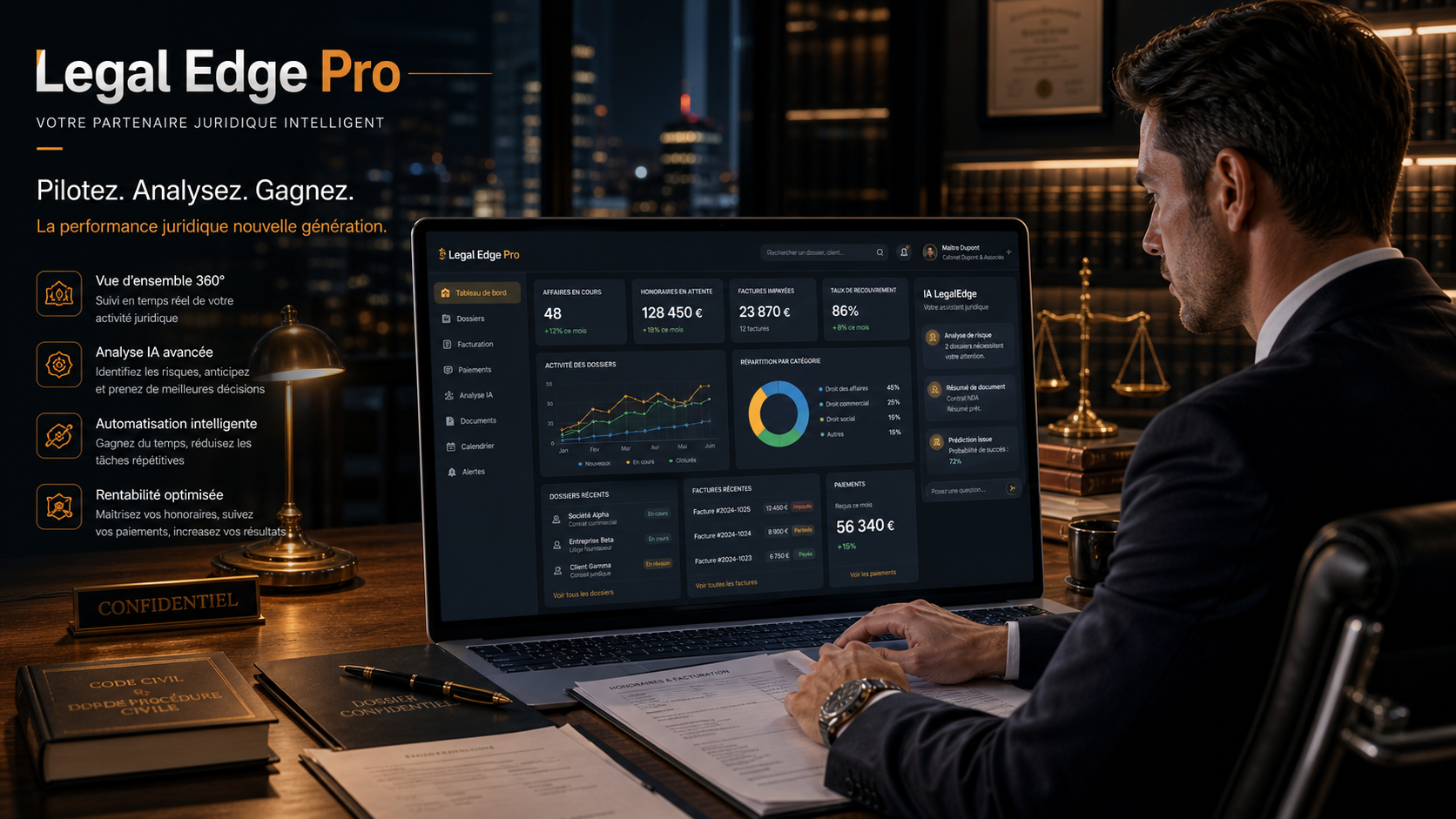 Avocat travaillant sur Legal Edge Pro avec tableau de bord IA sur ordinateur portable